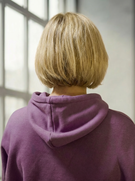 Model wearing Bou Clothing’s Sorbet Deryn luxury hoodie  in a softly lit modern interior, showcasing a relaxed fit, premium fabric, and minimalist neutral style.