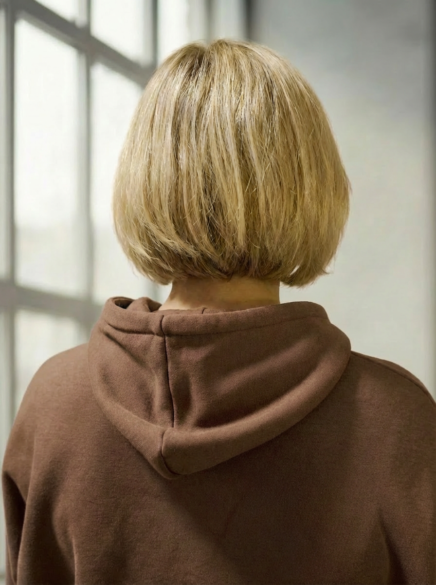 Model wearing Bou Clothing’s tan luxury hoodie in a softly lit modern interior, showcasing a relaxed fit, premium fabric, and minimalist neutral style.