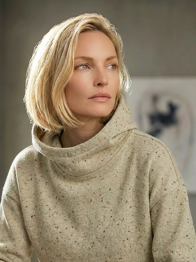 Model wearing Bou Clothing’s Beige Red Fleck luxury Deryn hoodie in a softly lit modern interior, showcasing a relaxed fit, premium fabric, and minimalist neutral style.