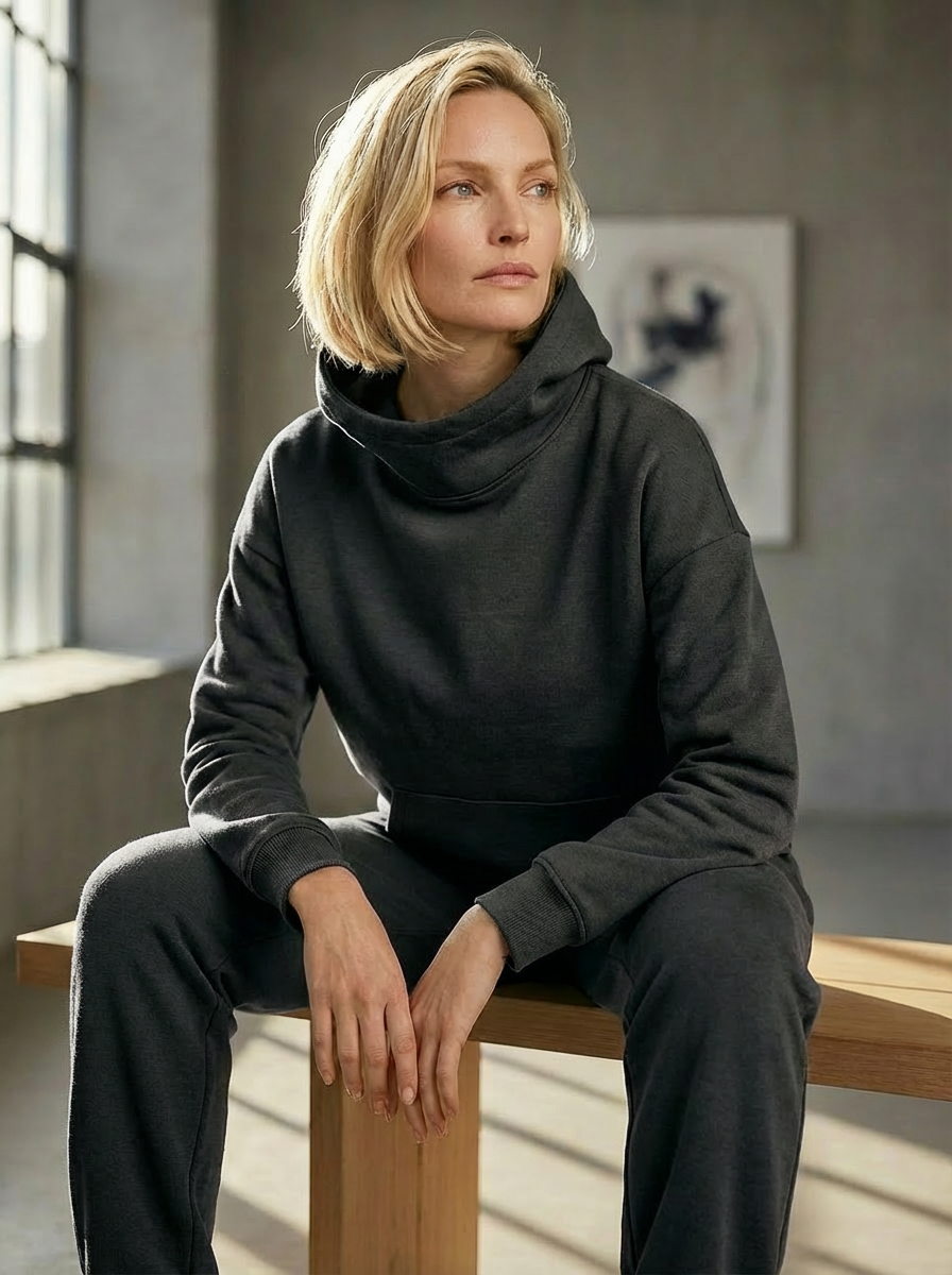 Model wearing Bou Clothing’s Black Marl luxury Deryn hoodie and matching joggers, seated on a wooden bench in a softly lit modern interior, showcasing a relaxed fit, premium fabric, and minimalist neutral style.