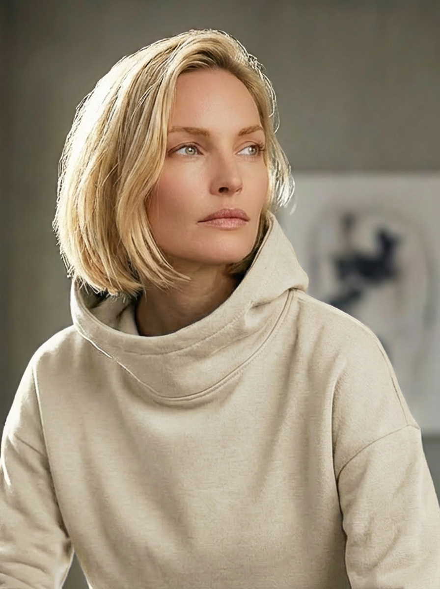 Model wearing Bou Clothing’s cream luxury hoodie and matching joggers, in a softly lit modern interior, showcasing a relaxed fit, premium fabric, and minimalist neutral style.