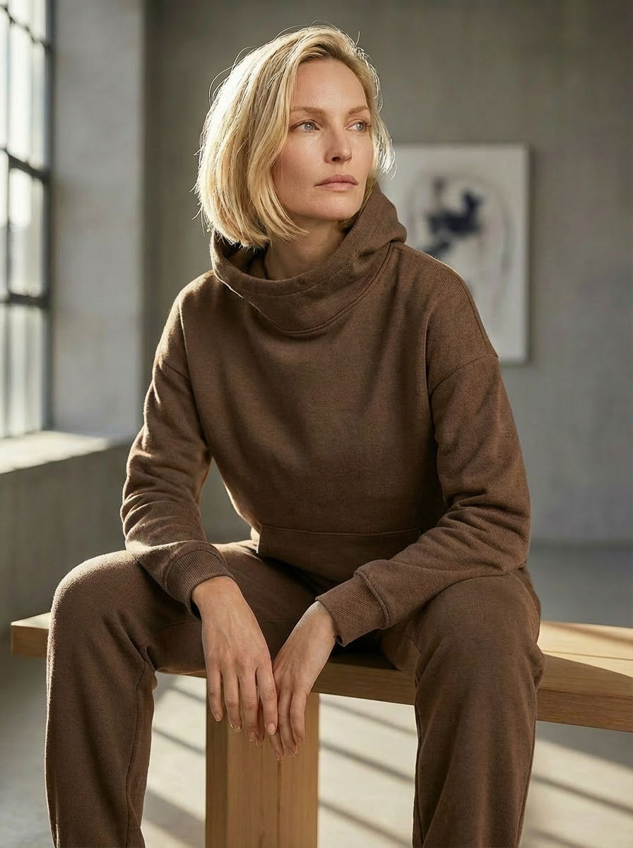 Model wearing Bou Clothing’s Tan Deryn luxury hoodie and matching joggers, seated on a wooden bench in a softly lit modern interior, showcasing a relaxed fit, premium fabric, and minimalist neutral style.
