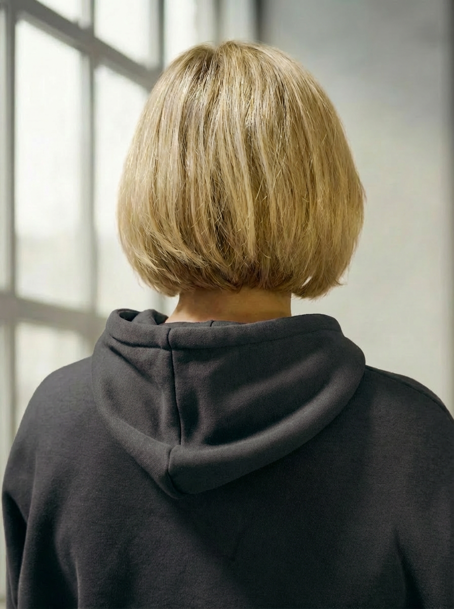 Model wearing Bou Clothing’s Black Marl luxury Deryn hoodie in a softly lit modern interior, showcasing a relaxed fit, premium fabric, and minimalist neutral style.